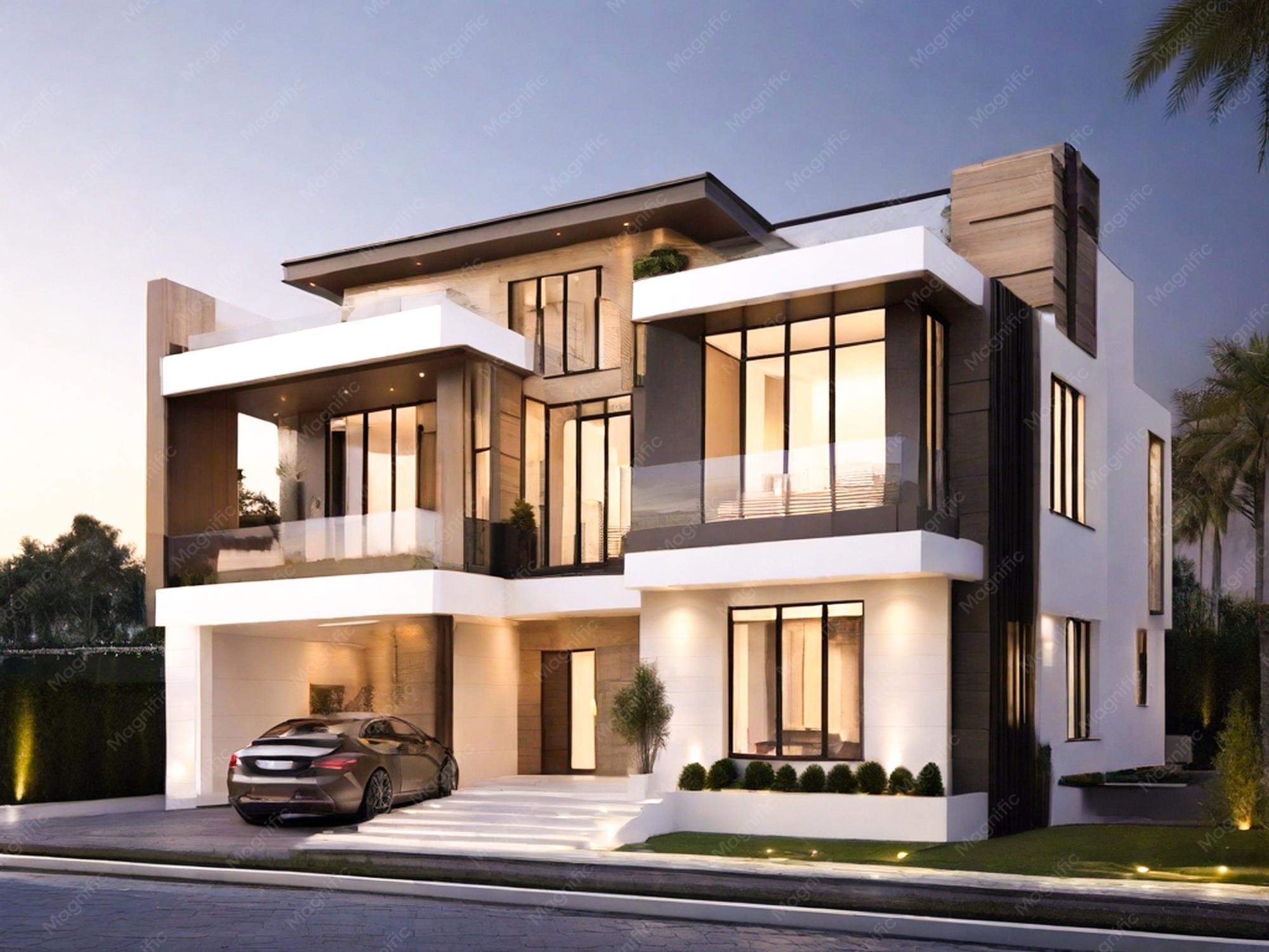 جزئیات معماری ویلای دوبلکس مدرن با نورگیری بهینه و استفاده از گنبدهای شیشه‌ای